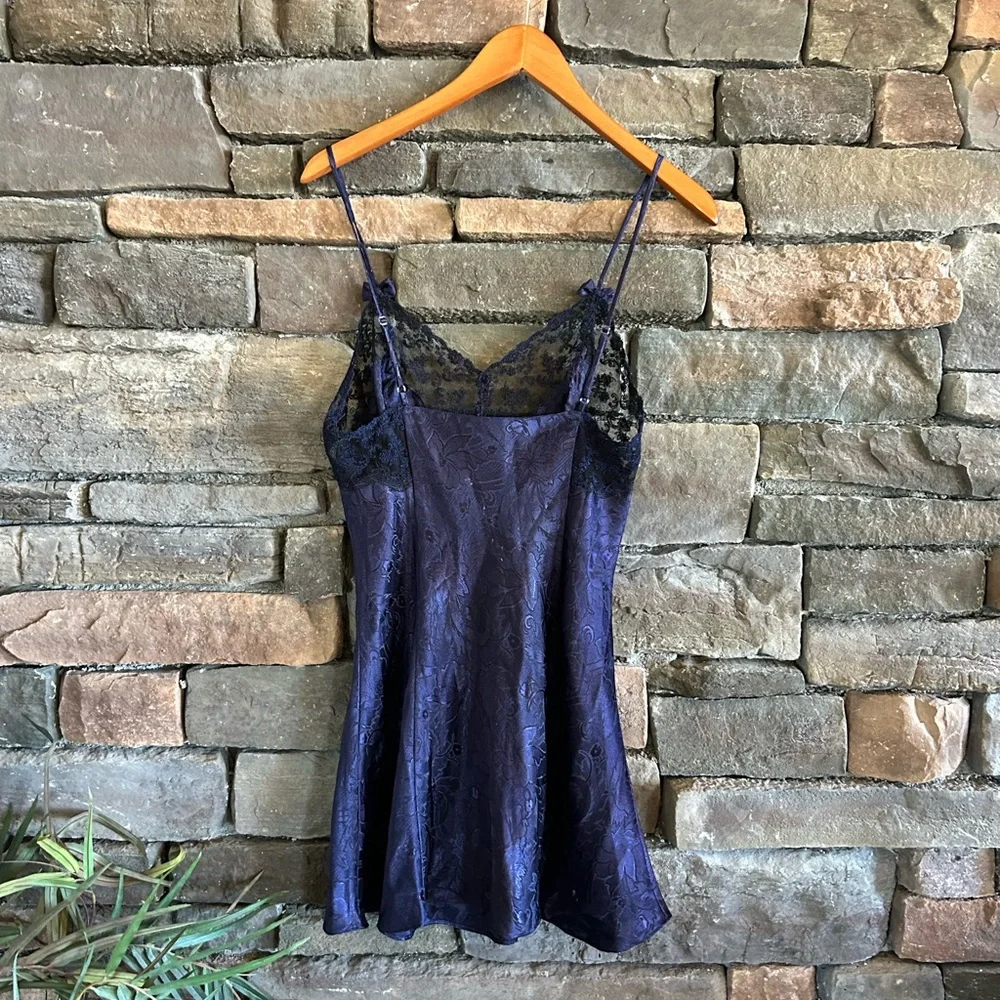Victorias Secret Vintage Gold Label Midnight Blue Coquette Bow Satin Slip Dress - Picture 3 of 8